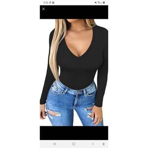 New Small Mangopop Black V-Neck Long Sleeve One Piece Bodysuit Top